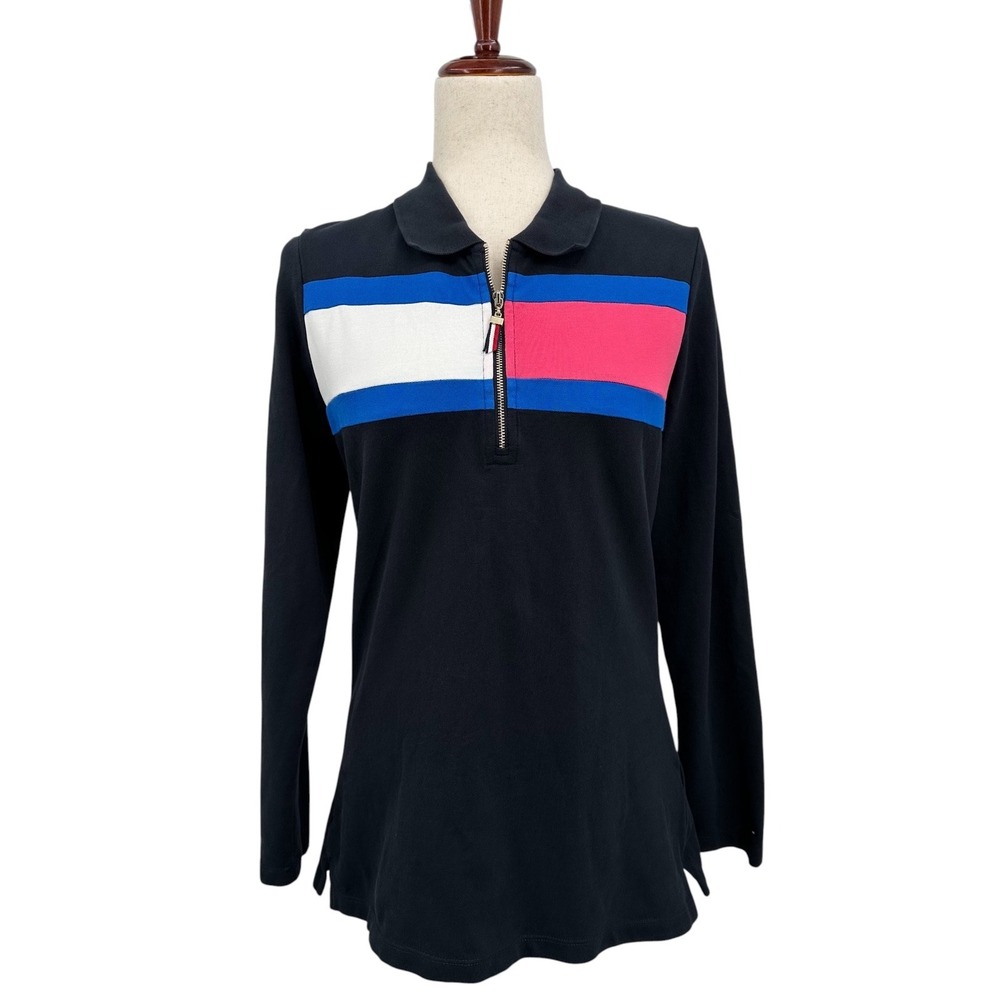 Tommy Hilfiger Polo Shirt 1/4 Zip Stripe Front Cotton Long Sleeve Women's Medium